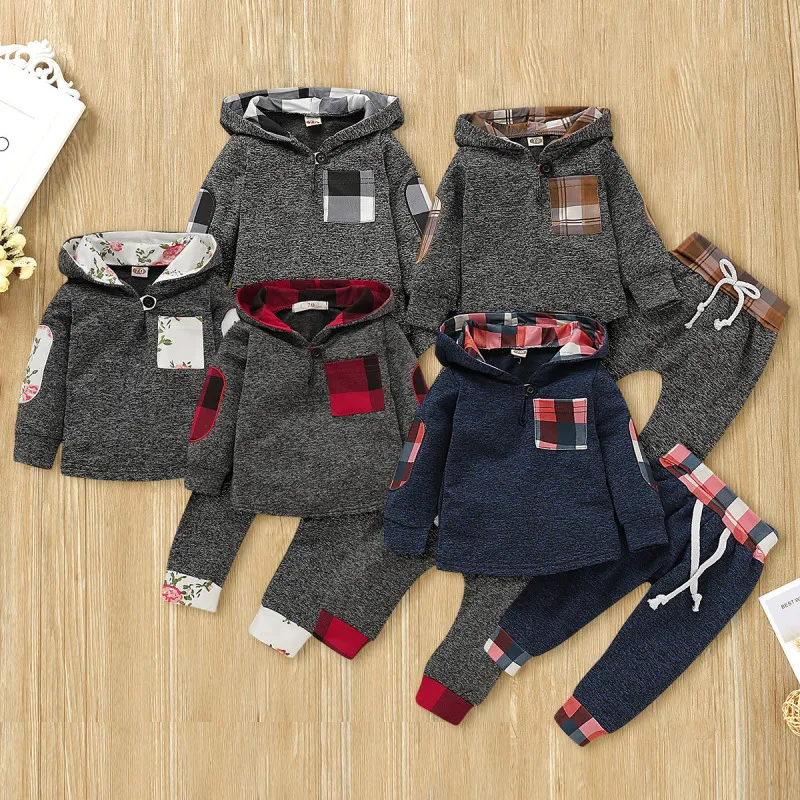 Toddlers Newborn Baby Boys Girls Casual Plaid Stitching Long-Sleeved Hoodies And Pant 2pcs Set