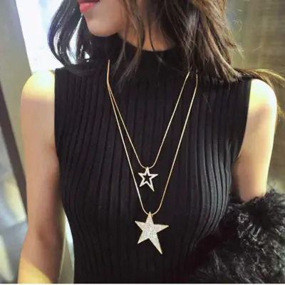 Wholesale Women Autumn And Winter Fashion Double Layer Star Pendant Rhinestone Sweater Chain Long Necklace
