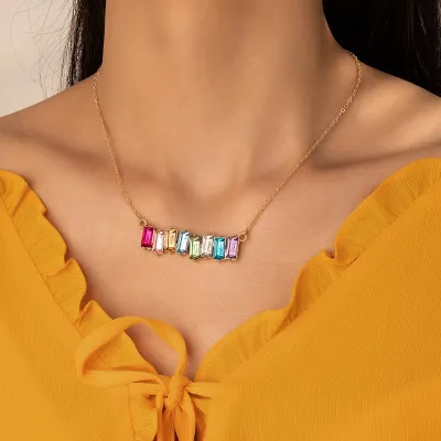 Wholesale Women Fashion Multicolor Geometric Chain Imitation Gemstone Single Layer Necklace