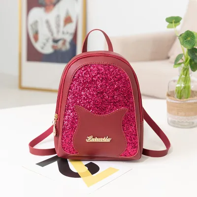 Women Fashion Sequin Cat PU Backpack Small Animal Pattern