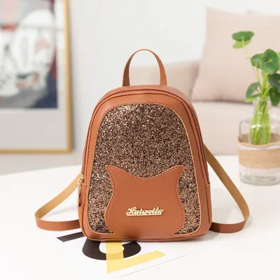 Women Fashion Sequin Cat PU Backpack Small Animal Pattern