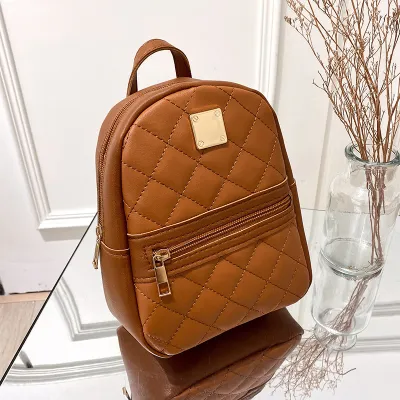 Women Fashion Embroidered Solid Color Backpack PU Zipper Geometric Vertical Square