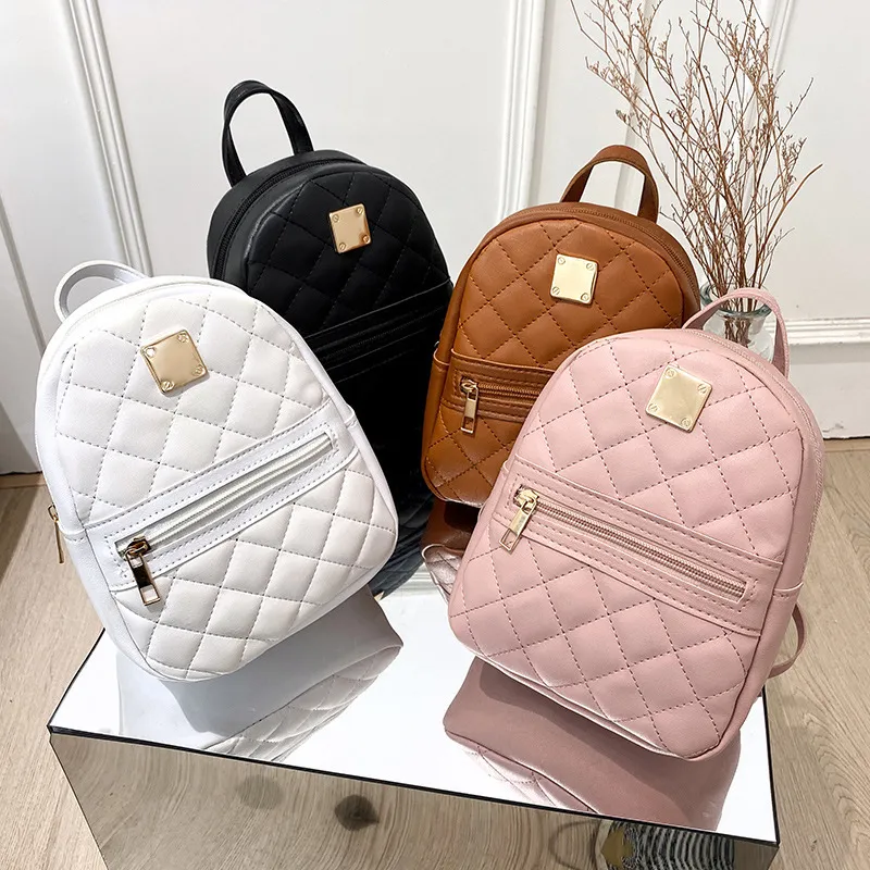 Women Fashion Embroidered Solid Color Backpack PU Zipper Geometric Vertical Square
