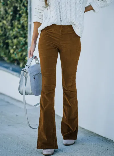 Women Solid Color High Waist Slim Fit Micro-Flare Elastic Waist Casual Pants