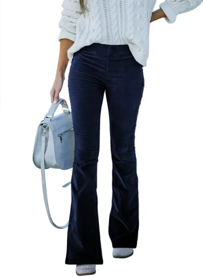 Women Solid Color High Waist Slim Fit Micro-Flare Elastic Waist Casual Pants