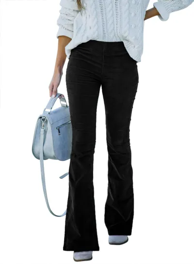 Women Solid Color High Waist Slim Fit Micro-Flare Elastic Waist Casual Pants