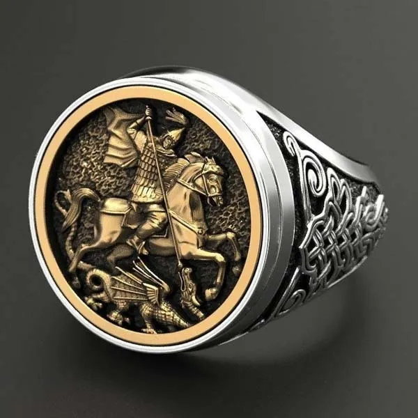Wholesale Men Unique Soldier Dragon Pattern Alloy Two Tone Ring