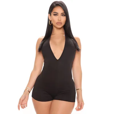 Summer Women's Halter Neck Tight Rompers - Sexy V-Neck Sports Solid Jumpsuit