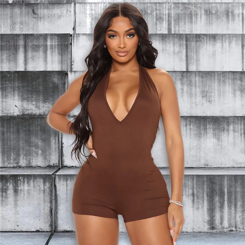 Summer Women's Halter Neck Tight Rompers - Sexy V-Neck Sports Solid Jumpsuit
