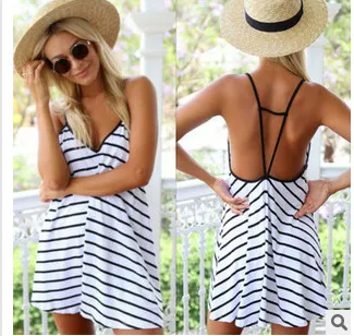 Black White Stripe Loose V-Neck Backless Sexy Women Vacation Beach Slip Dress
