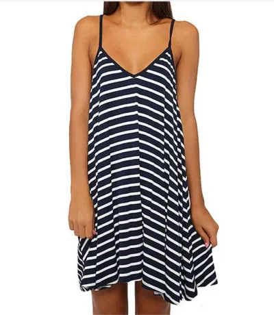Black White Stripe Loose V-Neck Backless Sexy Women Vacation Beach Slip Dress
