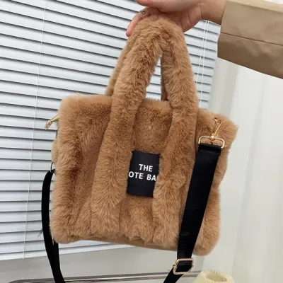 Women Fashion Solid Color Square Plush Large Capacity Tote Bag