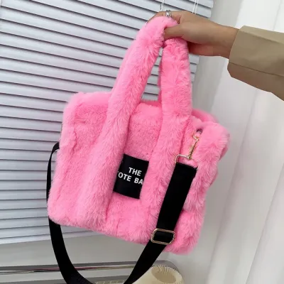 Women Fashion Solid Color Square Plush Large Capacity Tote Bag
