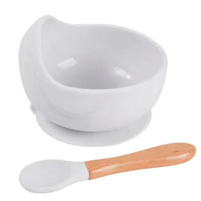 Children Kids Baby Wooden Handle Silicone Spoons Bowls Silicone Tableware Set for Home Kitchen