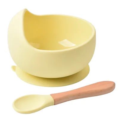 Children Kids Baby Wooden Handle Silicone Spoons Bowls Silicone Tableware Set for Home Kitchen