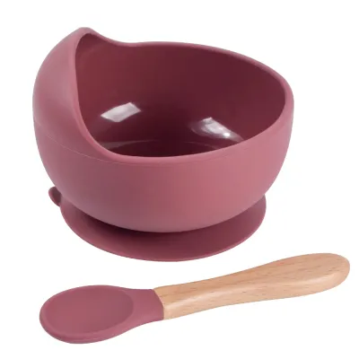 Children Kids Baby Wooden Handle Silicone Spoons Bowls Silicone Tableware Set for Home Kitchen