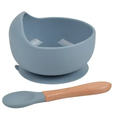 Children Kids Baby Wooden Handle Silicone Spoons Bowls Silicone Tableware Set for Home Kitchen