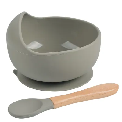 Children Kids Baby Wooden Handle Silicone Spoons Bowls Silicone Tableware Set for Home Kitchen