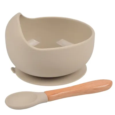 Children Kids Baby Wooden Handle Silicone Spoons Bowls Silicone Tableware Set for Home Kitchen