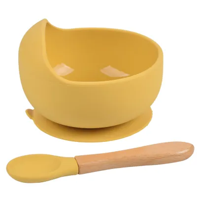 Children Kids Baby Wooden Handle Silicone Spoons Bowls Silicone Tableware Set for Home Kitchen