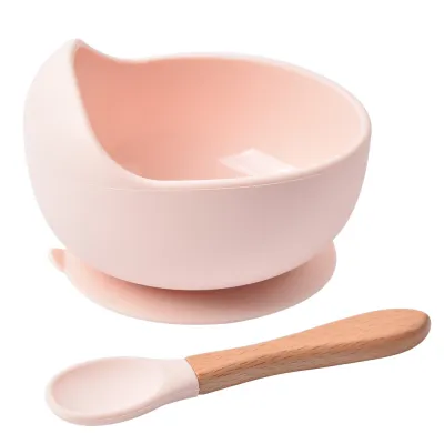Children Kids Baby Wooden Handle Silicone Spoons Bowls Silicone Tableware Set for Home Kitchen