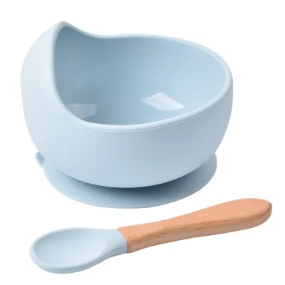 Children Kids Baby Wooden Handle Silicone Spoons Bowls Silicone Tableware Set for Home Kitchen
