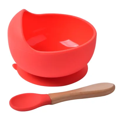 Children Kids Baby Wooden Handle Silicone Spoons Bowls Silicone Tableware Set for Home Kitchen