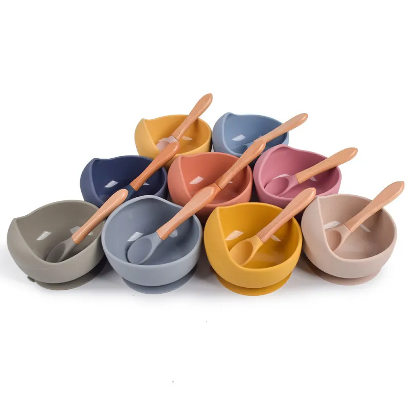 Children Kids Baby Wooden Handle Silicone Spoons Bowls Silicone Tableware Set for Home Kitchen