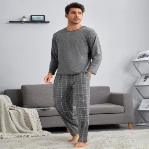 Men Casual Crew Neck Long Sleeve Pajamas Plaid Trousers Suit
