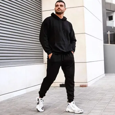 Men Casual Solid Long Sleeve Hat Rope Pocket Design Hoodie And Drawstring Waist Jogger Pants Two-Piece Set
