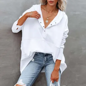 Women V-Neck Buttoned Solid Color Bat Sleeve Oversized Hoodie