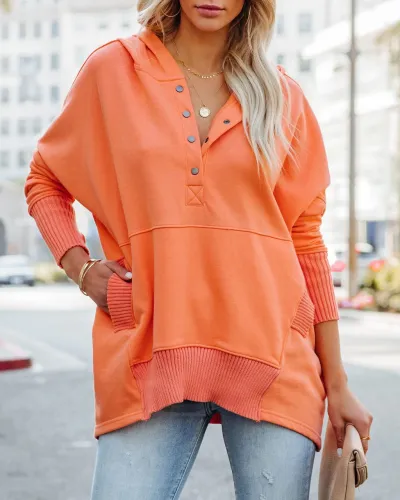 Women V-Neck Buttoned Solid Color Bat Sleeve Oversized Hoodie