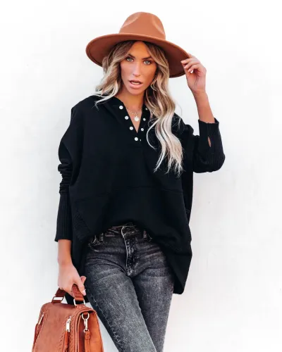 Women V-Neck Buttoned Solid Color Bat Sleeve Oversized Hoodie