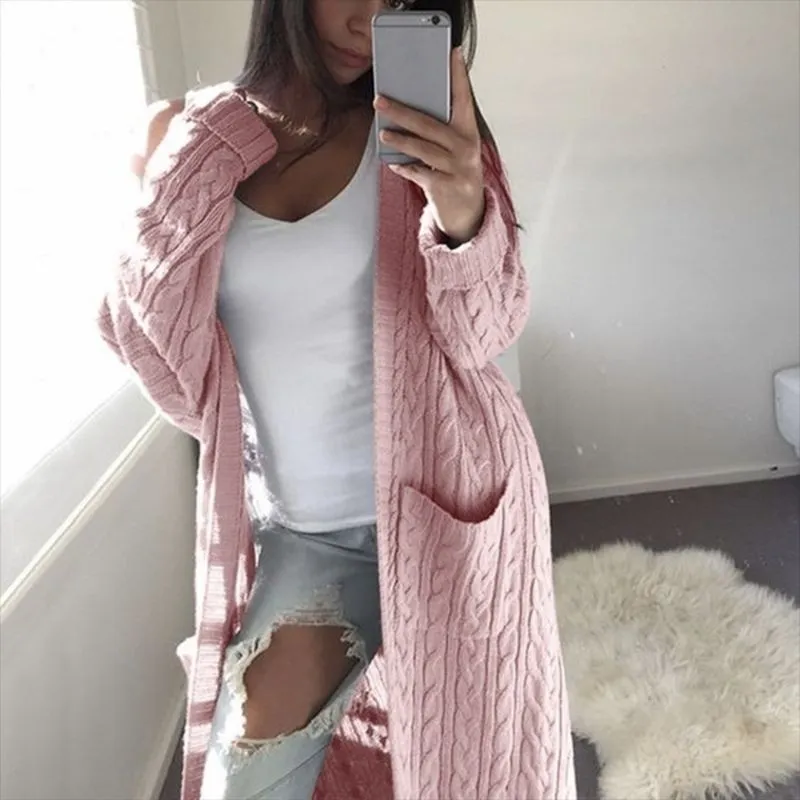 Women Winter Solid Color Long Sleeve Knit Pocket Cardigan
