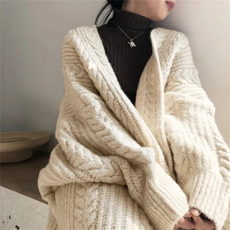 Women Solid Color Winter Knitted Thickened Loose Long Casual Sweater Cardigan