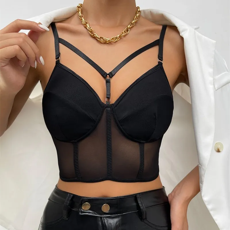 Women Sexy Edgy Spaghetti Strap Camisole Mesh Patchwork Crop Top