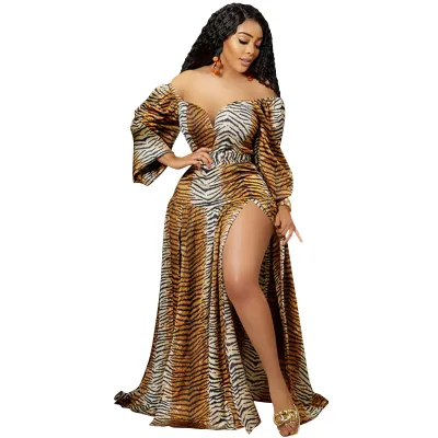 Women Plus Size Leopard Tiger Printed V-Neck Off Shoulder Irregular Slit Maxi Dress