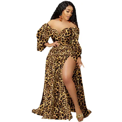Women Plus Size Leopard Tiger Printed V-Neck Off Shoulder Irregular Slit Maxi Dress