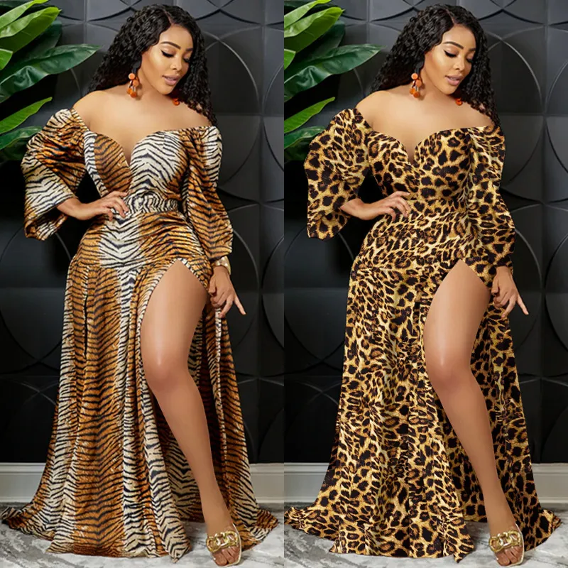 Women Plus Size Leopard Tiger Printed V-Neck Off Shoulder Irregular Slit Maxi Dress