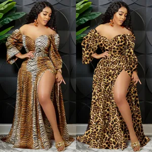 Women Plus Size Leopard Tiger Printed V-Neck Off Shoulder Irregular Slit Maxi Dress