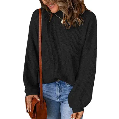 Women Winter Lantern Sleeve Turtleneck Knitted Loose Casual Sweater