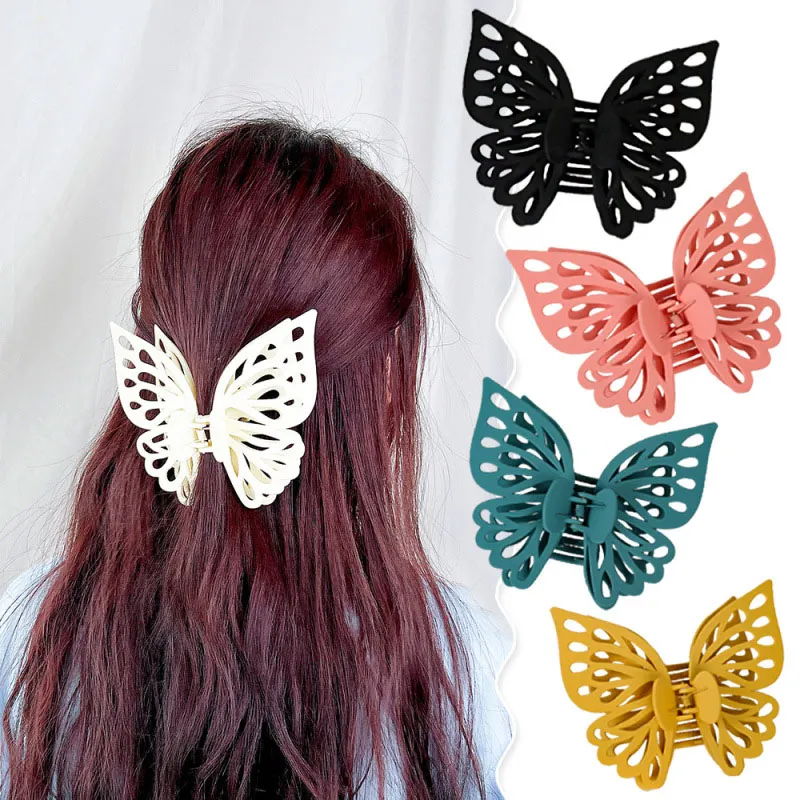 Women Popular Solid Color Large Hollow Butterfly Double-Layer Grab Clip Shark Clip