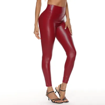 Women Sexy Shiny PU Leather High Waist Skinny Cropped Pants Leggings