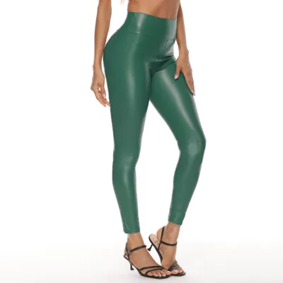 Women Sexy Shiny PU Leather High Waist Skinny Cropped Pants Leggings
