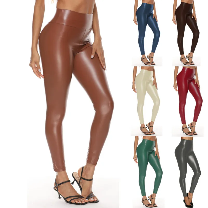 Women Sexy Shiny PU Leather High Waist Skinny Cropped Pants Leggings
