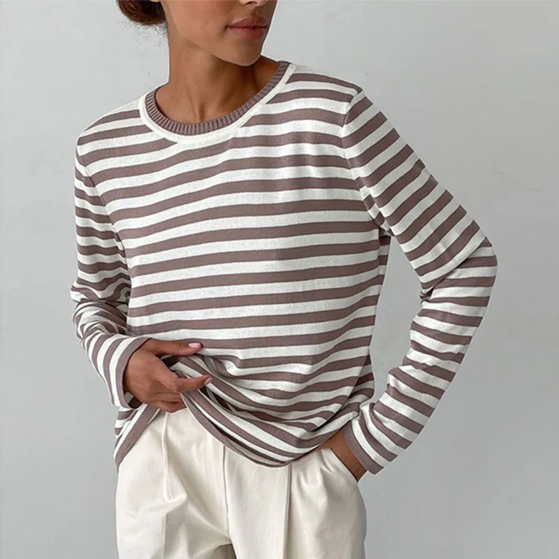 Fashion Stripe Print Women Round Neck Knitted Long Sleeve Pullover