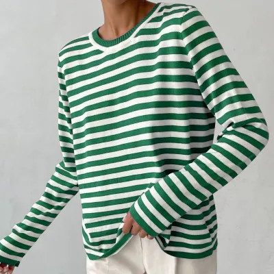 Fashion Stripe Print Women Round Neck Knitted Long Sleeve Pullover