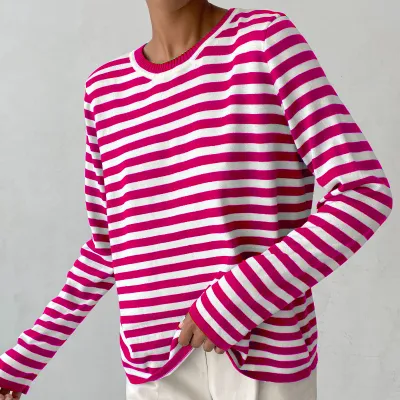 Fashion Stripe Print Women Round Neck Knitted Long Sleeve Pullover