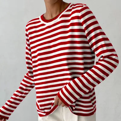 Fashion Stripe Print Women Round Neck Knitted Long Sleeve Pullover