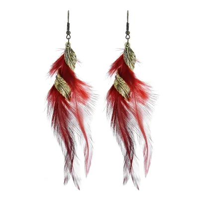 Women's Bohemian Feather Metal Long Dangle Earrings Autumn Winter
